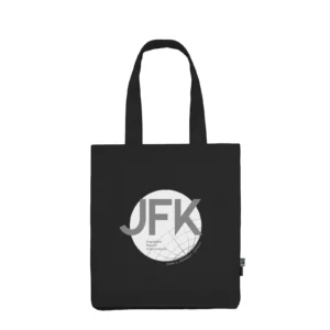 Schwarze Baumwolltasche mit JFK Logo. Stoffbeutel.