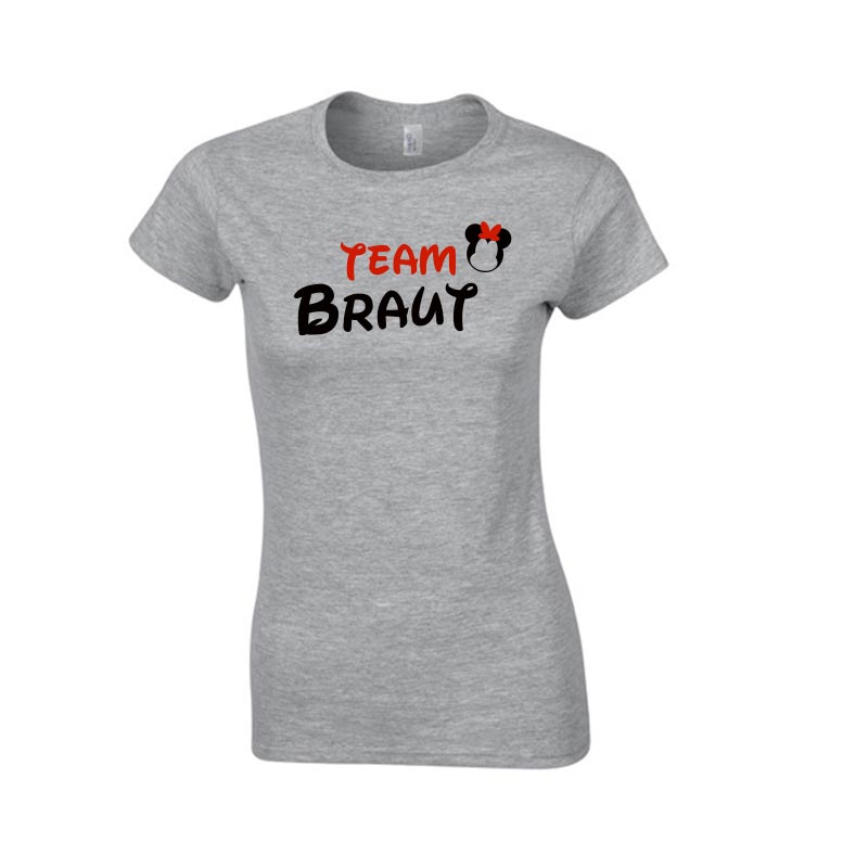 Graues Team Braut T-Shirt mit Minnie Maus.