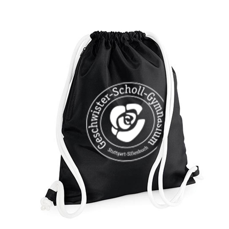 Schwarzer Turnbeutel mit Logo Geschwister-Scholl-Gymnasium.