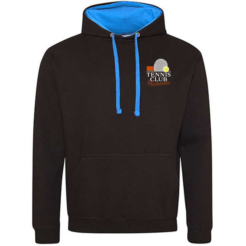 Schwarzer Sweater mit Kapuze, Tennis Club Hierhausen Logo.